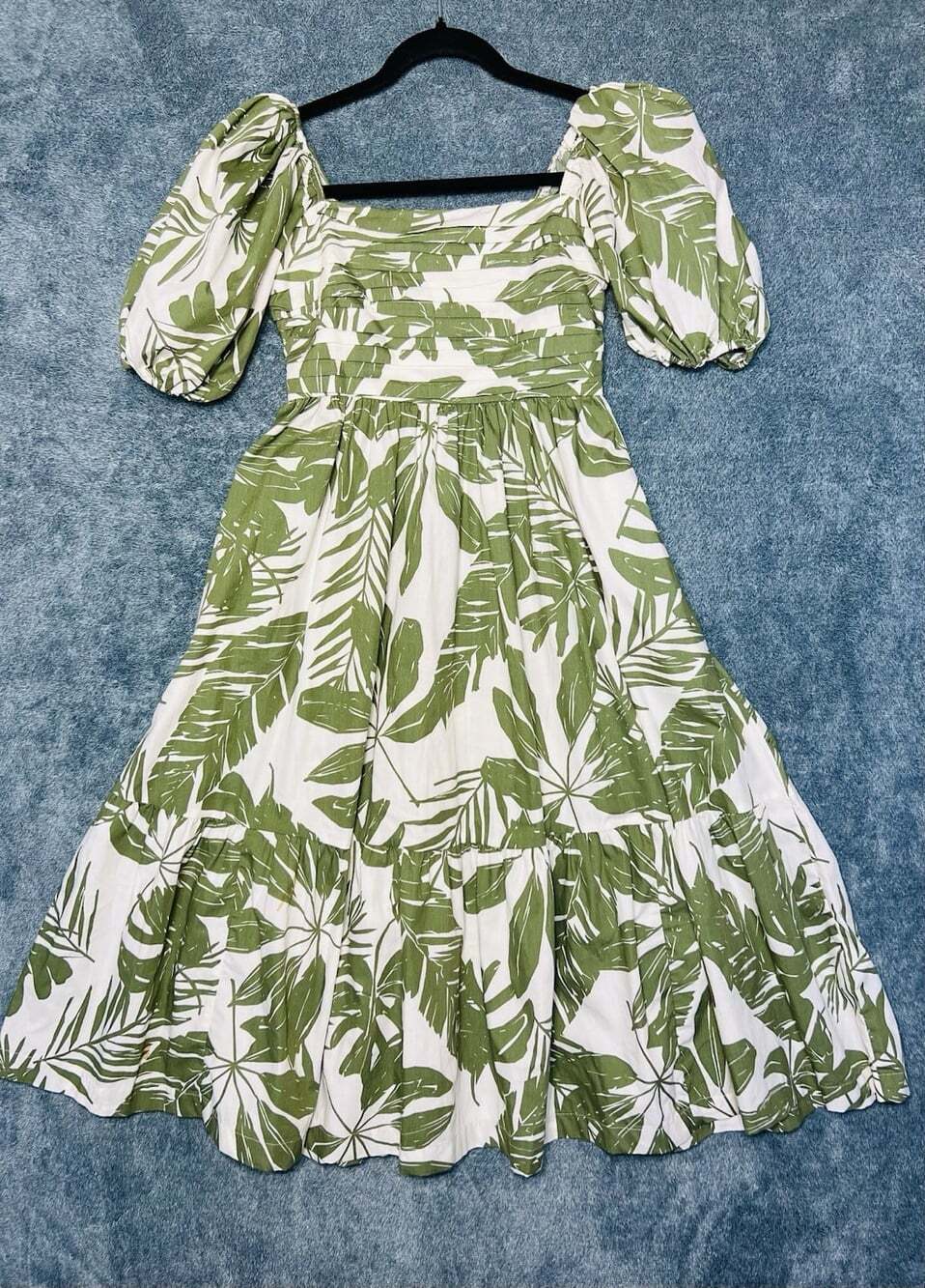 Abercrombie Fitch Tropical Midi Dress XXS Petite Green Puff Sleeve Palm Print